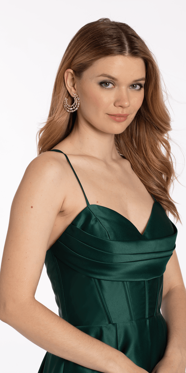Drape Neck Satin Fit and Flare Dress with Pockets - Camille La Vie