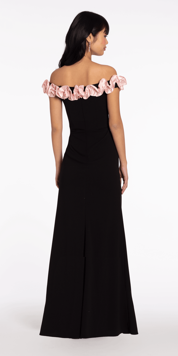 Crepe Off the Shoulder Column Dress with Ruffle Detail - Camille La Vie