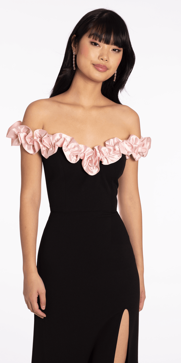 Crepe Off the Shoulder Column Dress with Ruffle Detail - Camille La Vie
