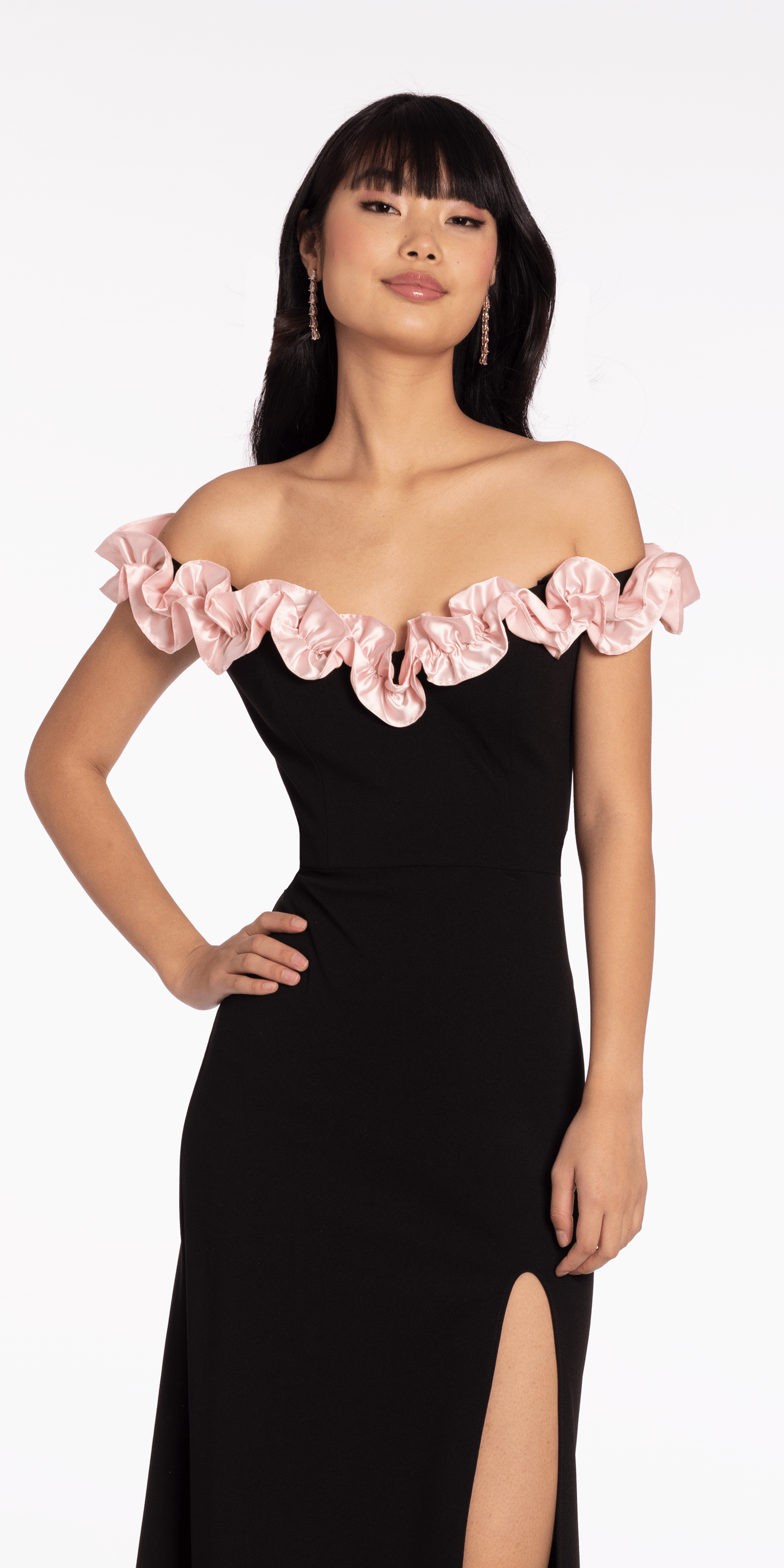 Crepe Off the Shoulder Column Dress with Ruffle Detail - Camille La Vie