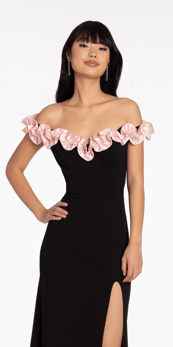 Crepe Off the Shoulder Column Dress with Ruffle Detail - Camille La Vie