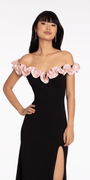 Crepe Off the Shoulder Column Dress with Ruffle Detail - Camille La Vie