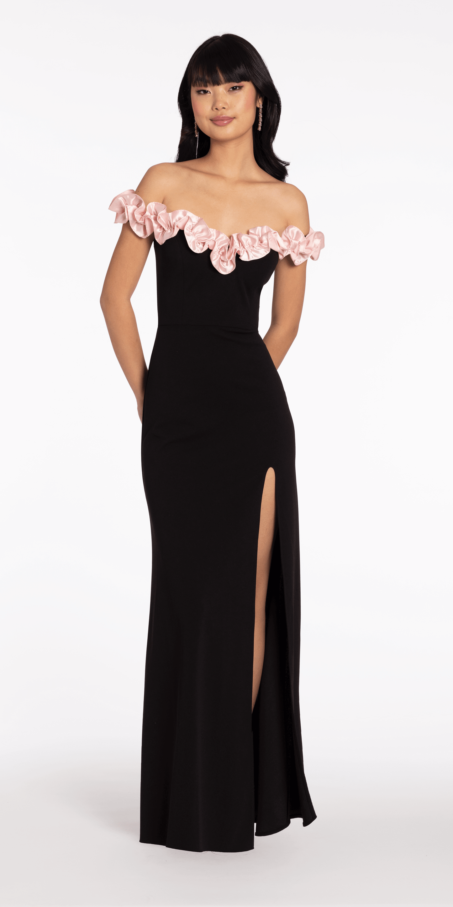 Crepe Off the Shoulder Column Dress with Ruffle Detail - Camille La Vie