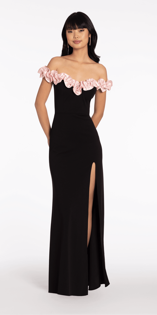 Crepe Off the Shoulder Column Dress with Ruffle Detail - Camille La Vie