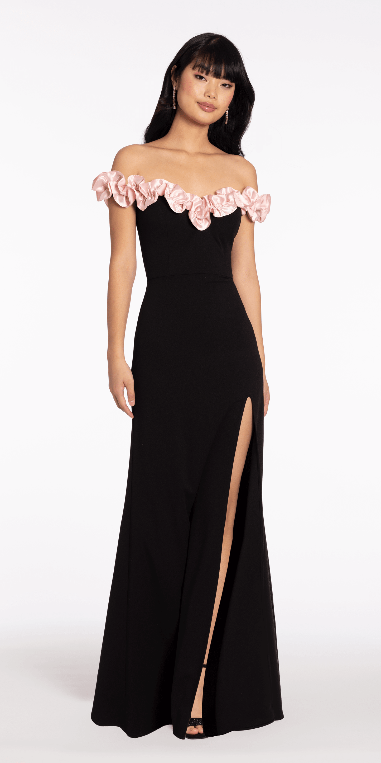 Crepe Off the Shoulder Column Dress with Ruffle Detail - Camille La Vie