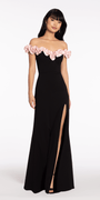 Crepe Off the Shoulder Column Dress with Ruffle Detail - Camille La Vie