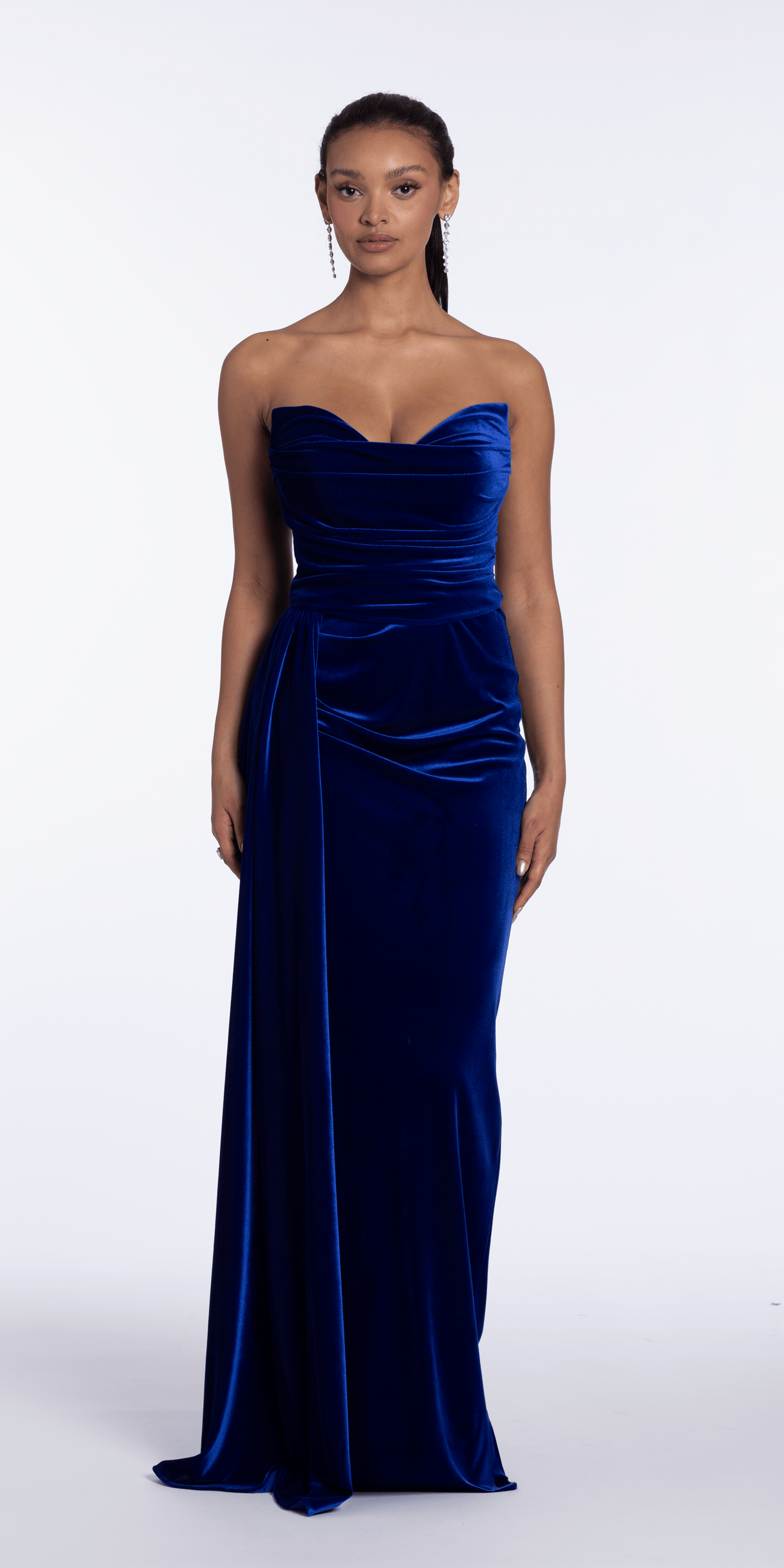 Strapless Velvet Column Dress with Ruching and Side Cascade - Camille La Vie