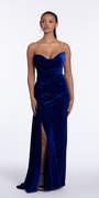 Strapless Velvet Column Dress with Ruching and Side Cascade - Camille La Vie
