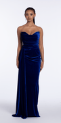 Strapless Velvet Column Dress with Ruching and Side Cascade - Camille La Vie