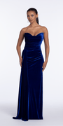 Strapless Velvet Column Dress with Ruching and Side Cascade - Camille La Vie