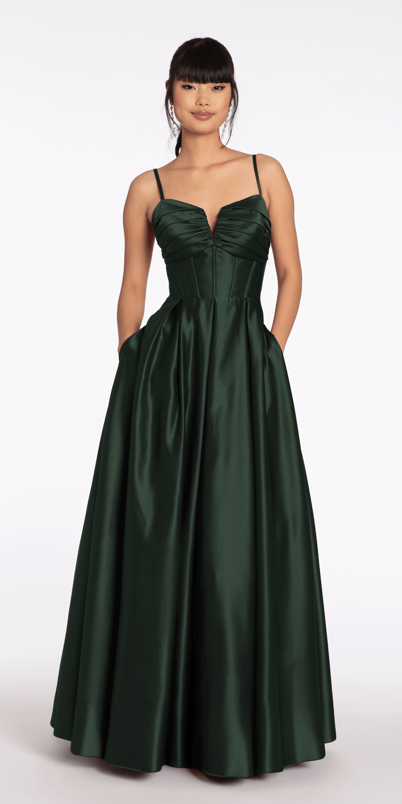 Sweetheart Pleated Satin Corset Ballgown with Pockets - Camille La Vie