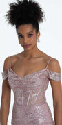 Glitter Drape Off the Shoulder Corset Mermaid Dress - Camille La Vie