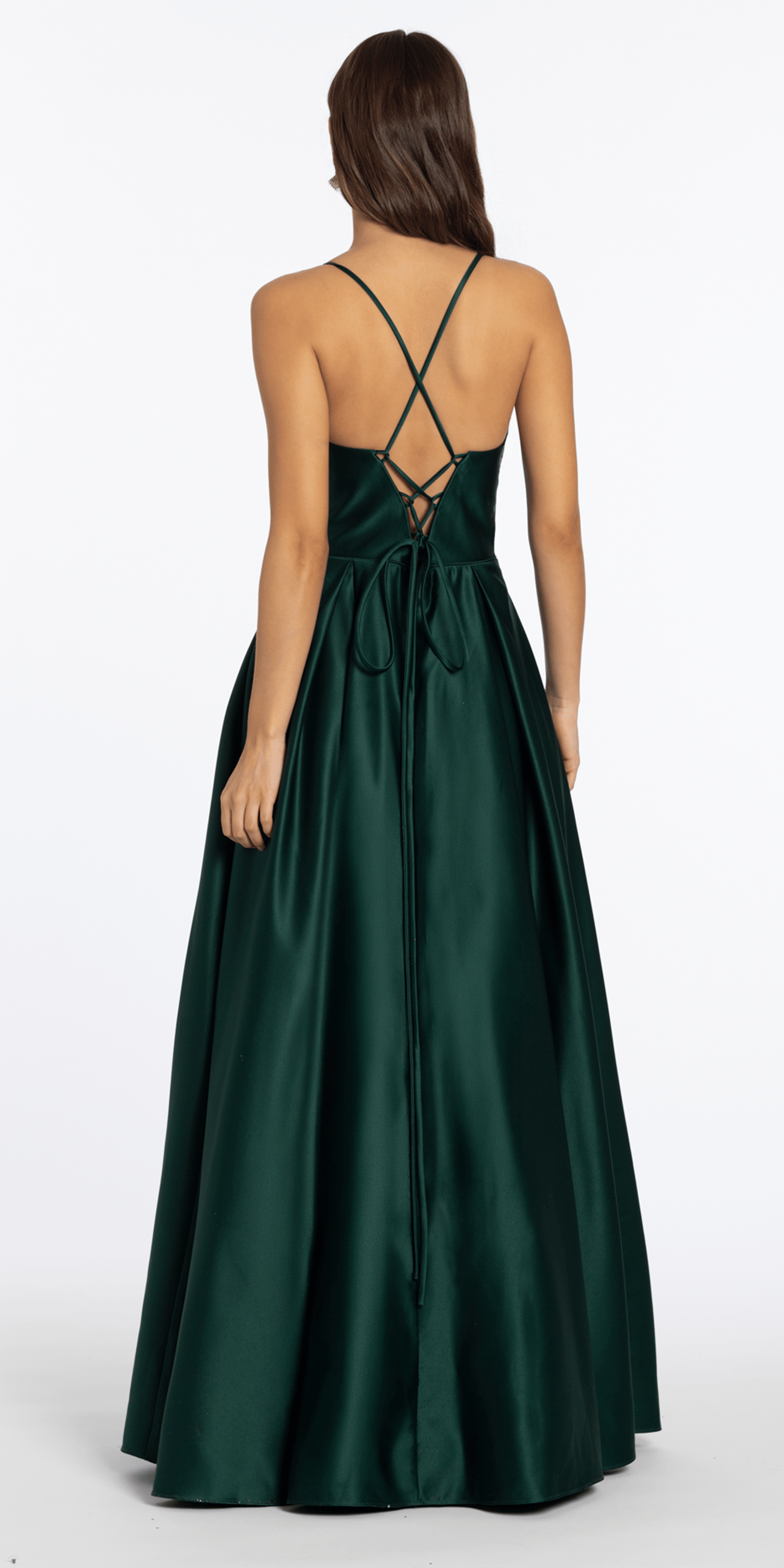 Satin Beaded Drape Corset Ballgown with Side Pockets - Camille La Vie