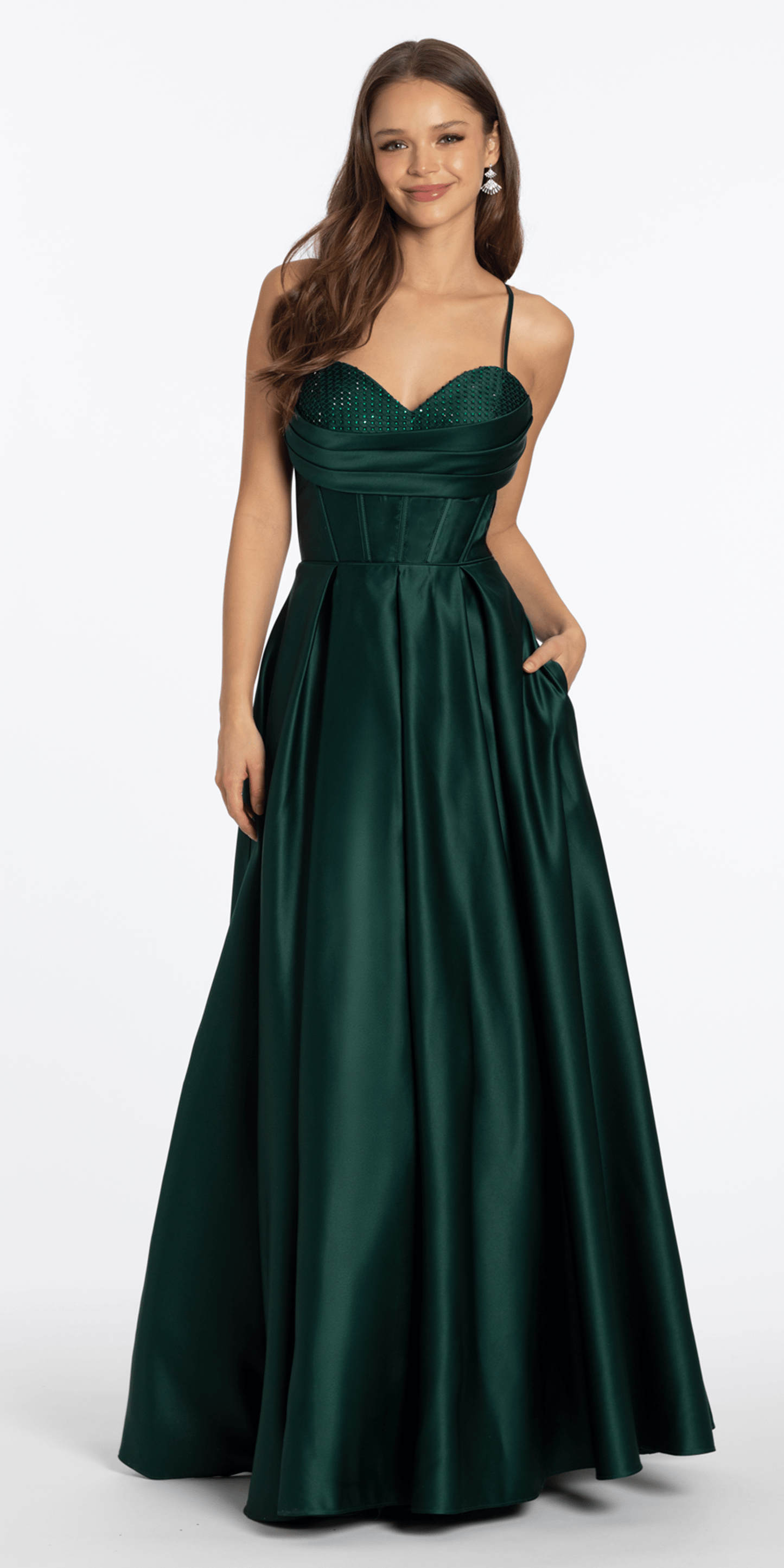 Satin Beaded Drape Corset Ballgown with Side Pockets - Camille La Vie