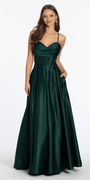 Satin Beaded Drape Corset Ballgown with Side Pockets - Camille La Vie