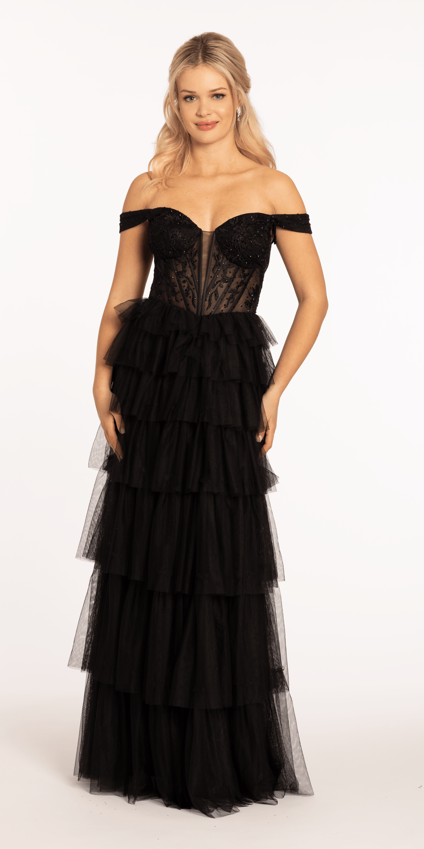 Sweetheart Off the Shoulder Tiered Mesh Ballgown - Camille La Vie