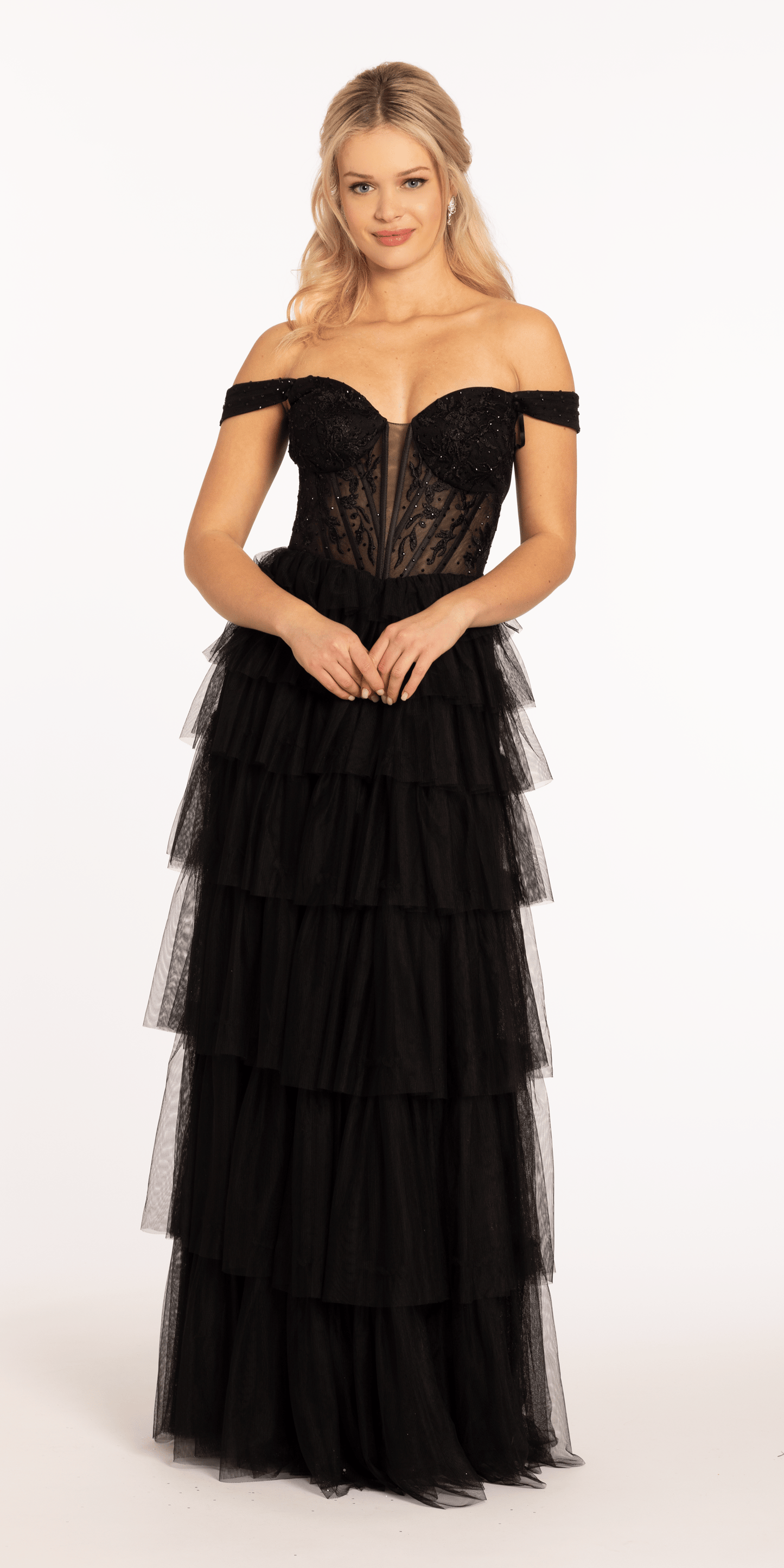 Sweetheart Off the Shoulder Tiered Mesh Ballgown - Camille La Vie