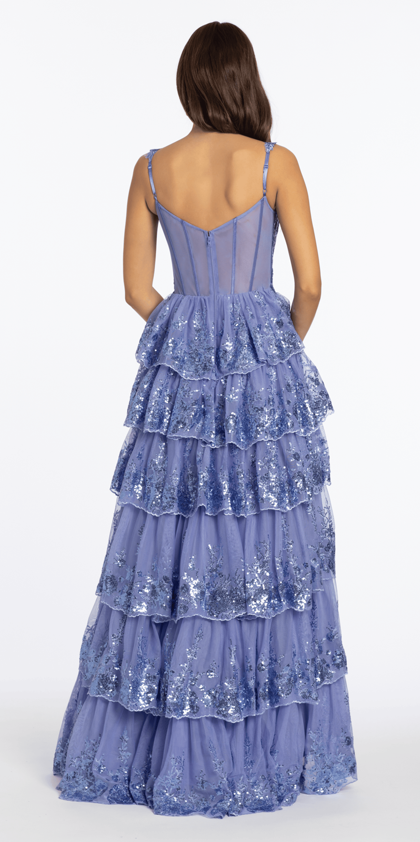 Sequin Embroidered Corset Mesh Tiered Ballgown with Illusion Back - Camille La Vie