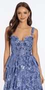 Sequin Embroidered Corset Mesh Tiered Ballgown with Illusion Back - Camille La Vie
