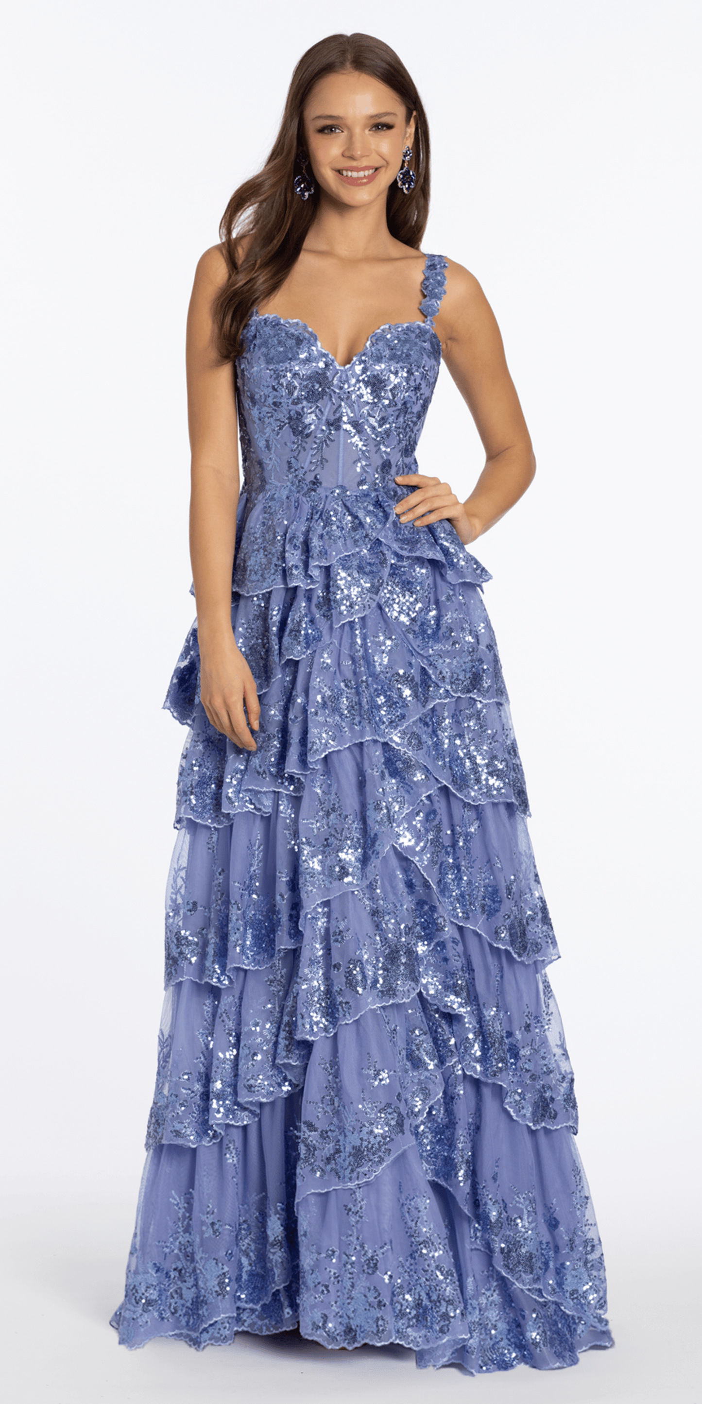 Sequin Embroidered Corset Mesh Tiered Ballgown with Illusion Back - Camille La Vie
