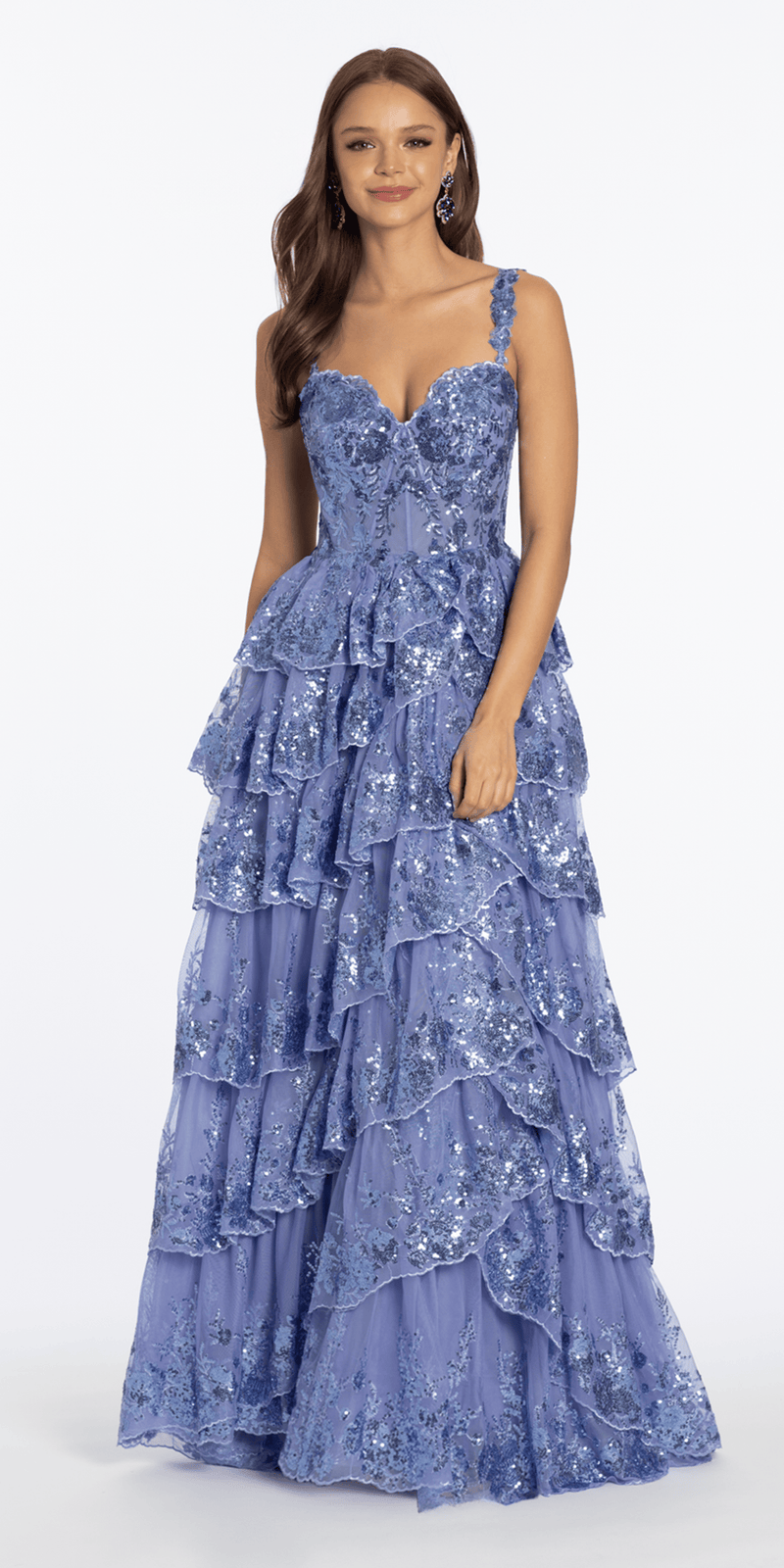 Sequin Embroidered Corset Mesh Tiered Ballgown with Illusion Back - Camille La Vie
