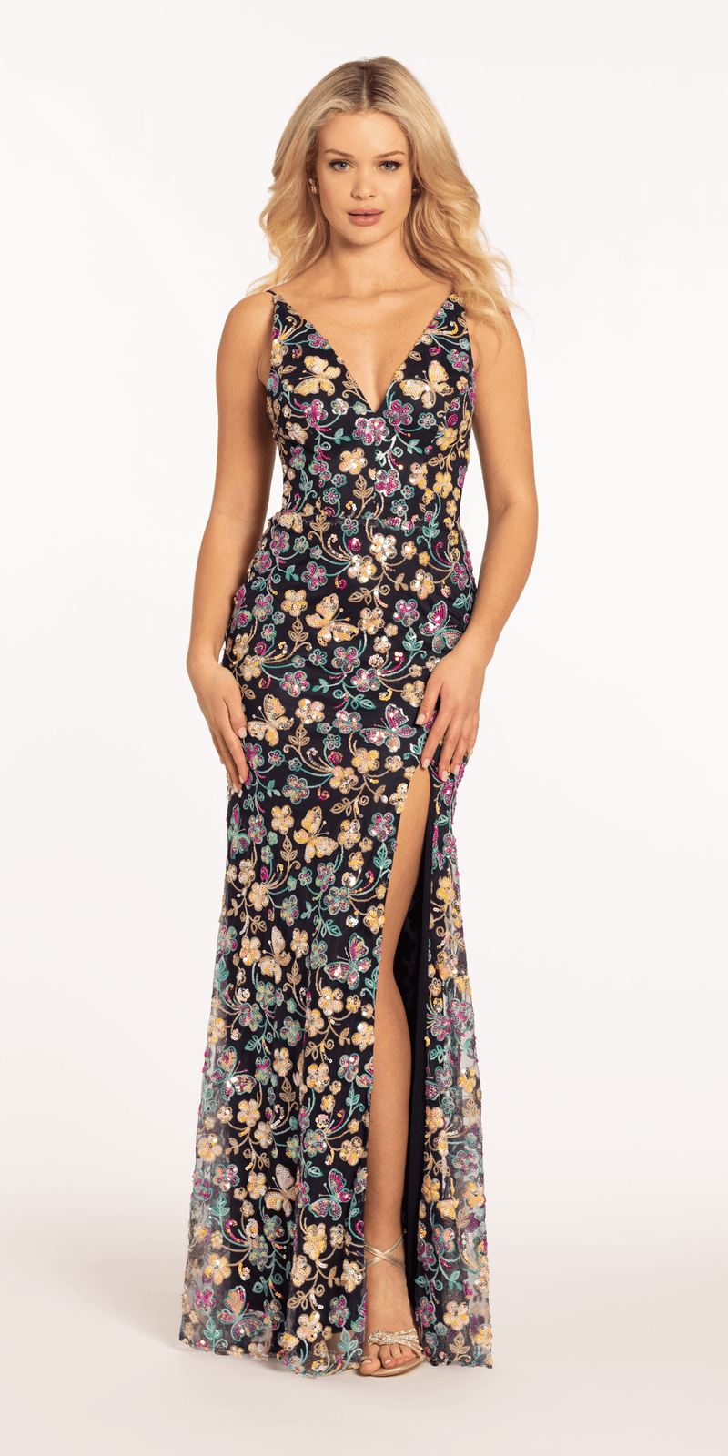 Sequin Floral Garden Plunging Mesh Column Dress - Camille La Vie