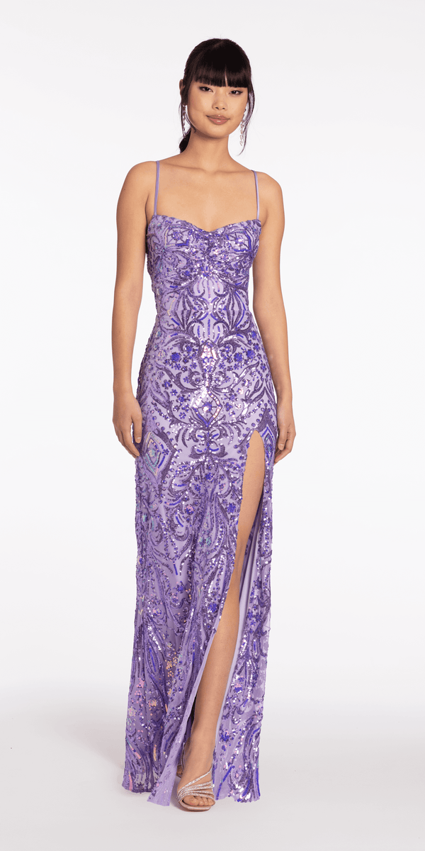 lavendar/size/4/missy/Camille La Vie/Sequin Mesh Lace Up Column Dress with Side Slit/alt