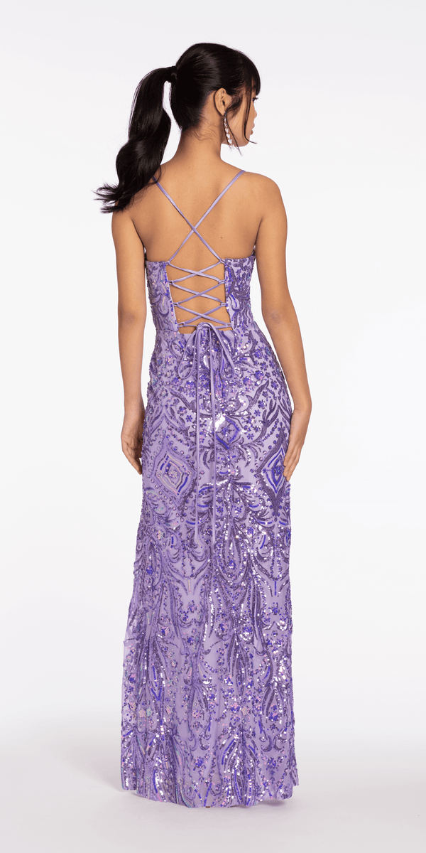 lavendar/size/4/missy/Camille La Vie/Sequin Mesh Lace Up Column Dress with Side Slit/back