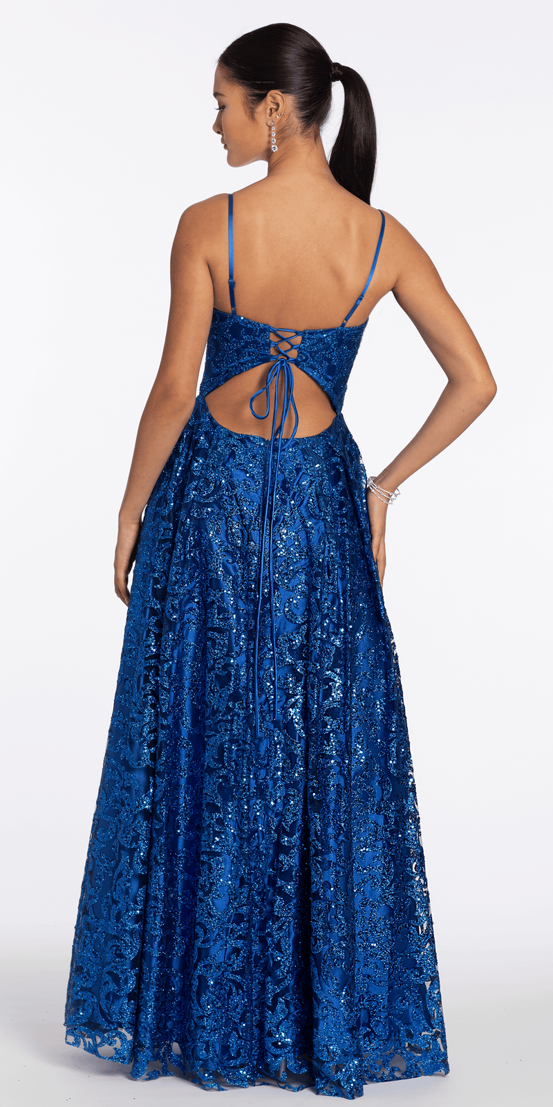 royal-blue/size/4/missy/Camille La Vie/Strappy Back Glitter Mesh Ballgown with Pocket/back