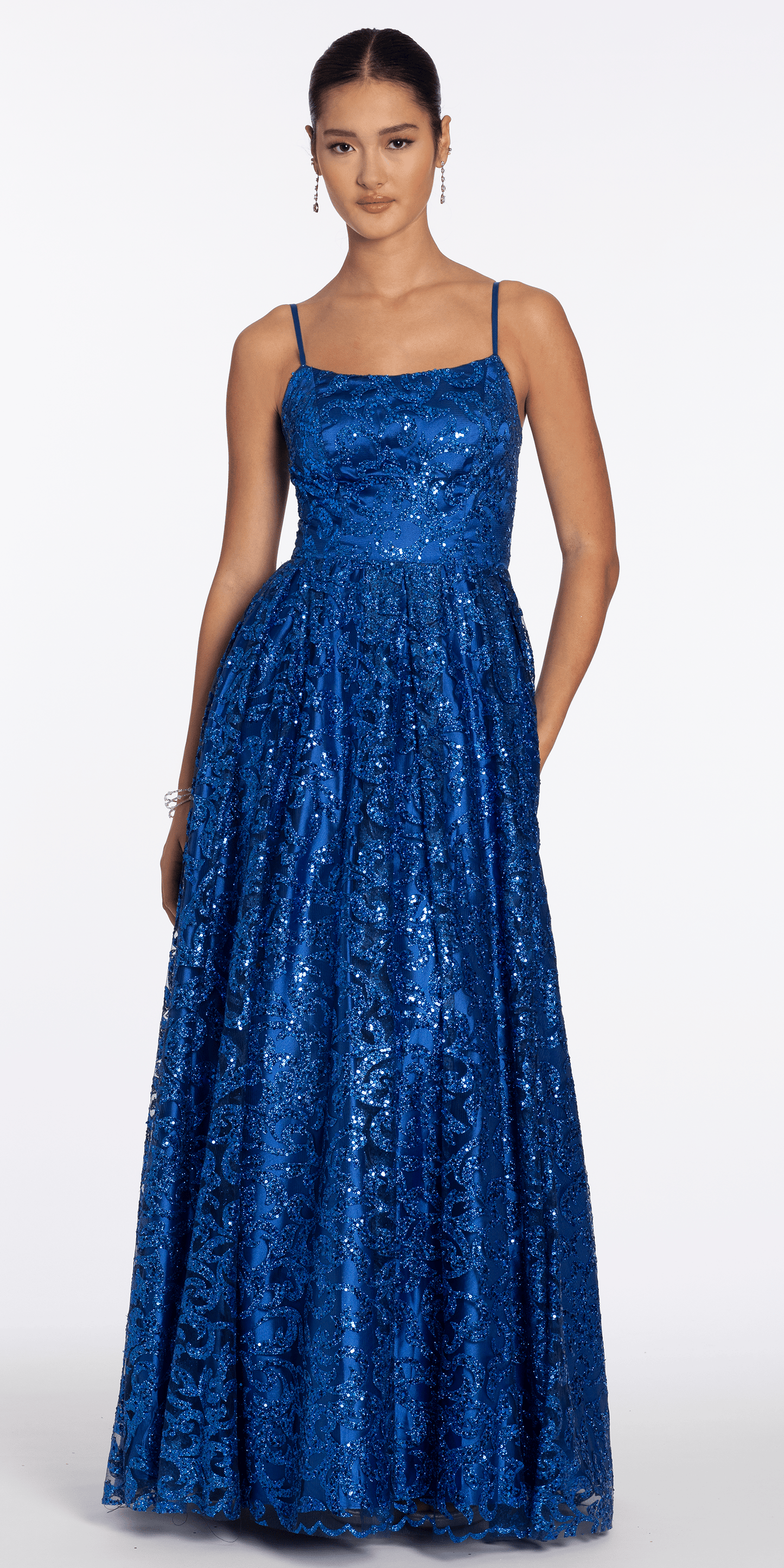 Strappy Back Glitter Mesh Ballgown with Pockets - Camille La Vie