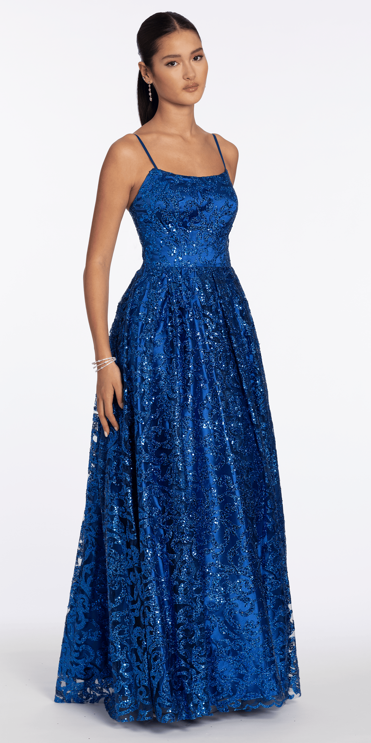 Strappy Back Glitter Mesh Ballgown with Pockets - Camille La Vie