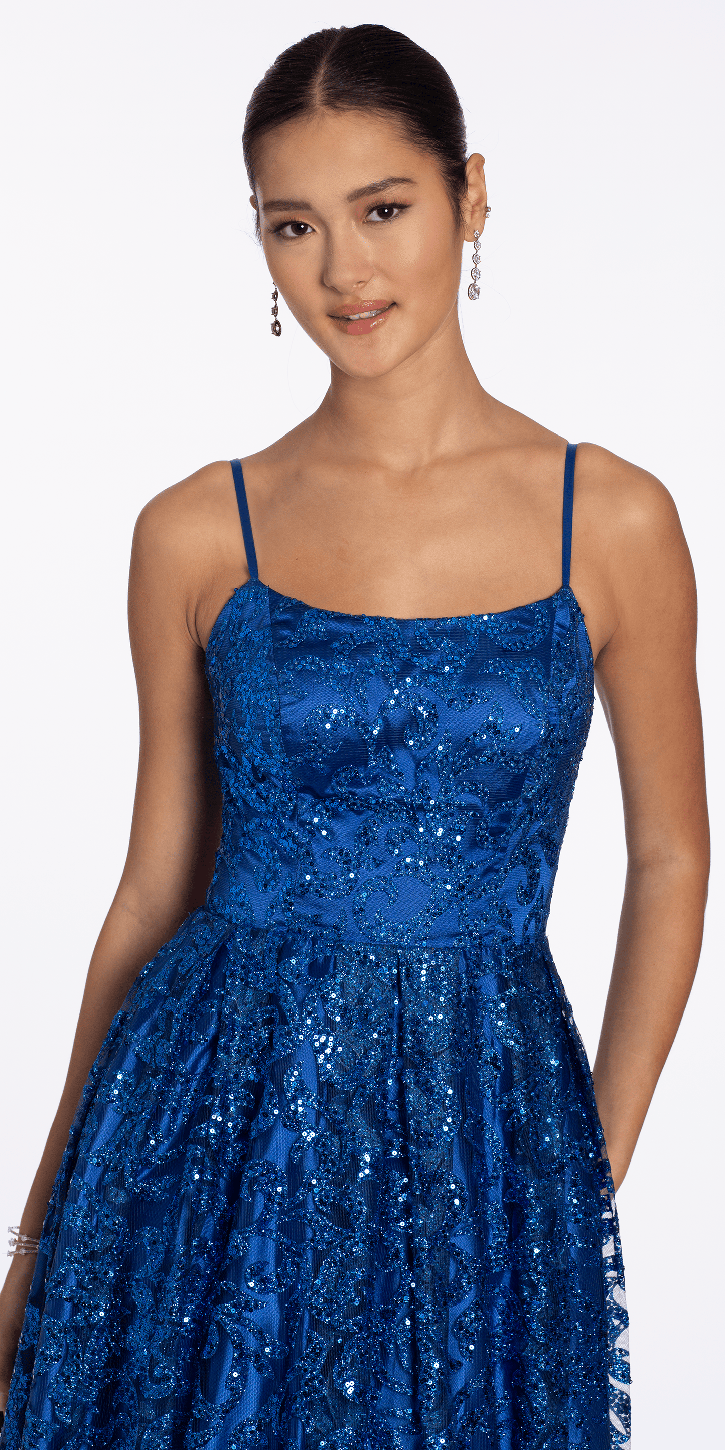 Strappy Back Glitter Mesh Ballgown with Pockets - Camille La Vie