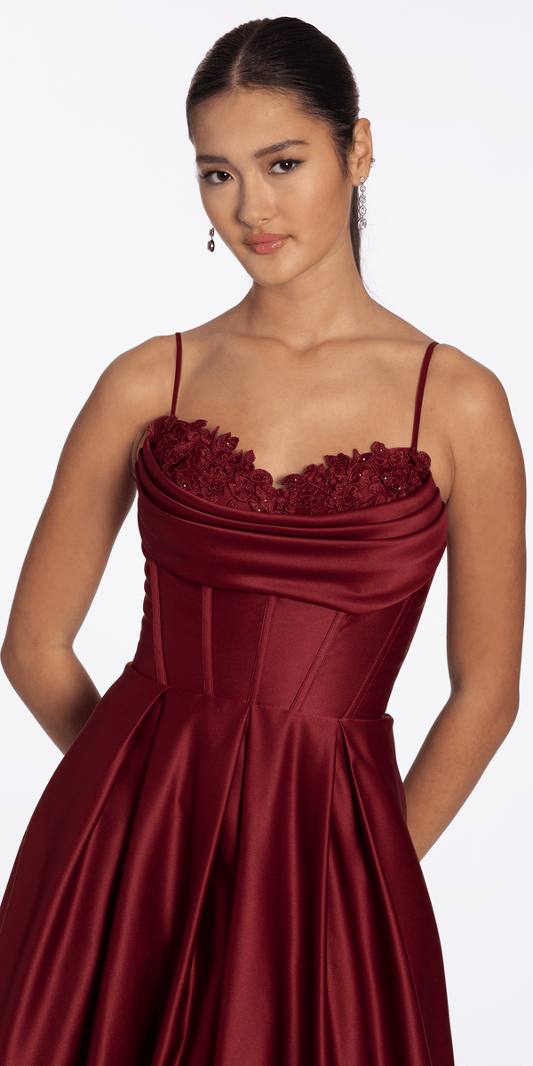 Satin Embroidered Sweetheart Corset Ballgown with Pockets - Camille La Vie