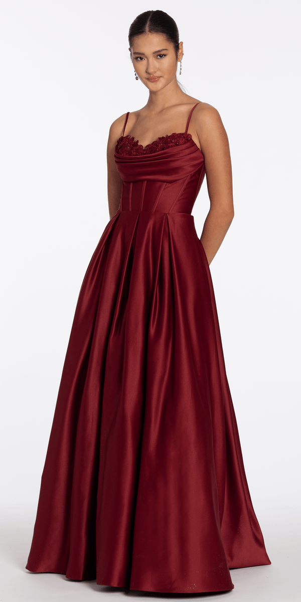Satin Embroidered Sweetheart Corset Ballgown with Pockets - Camille La Vie