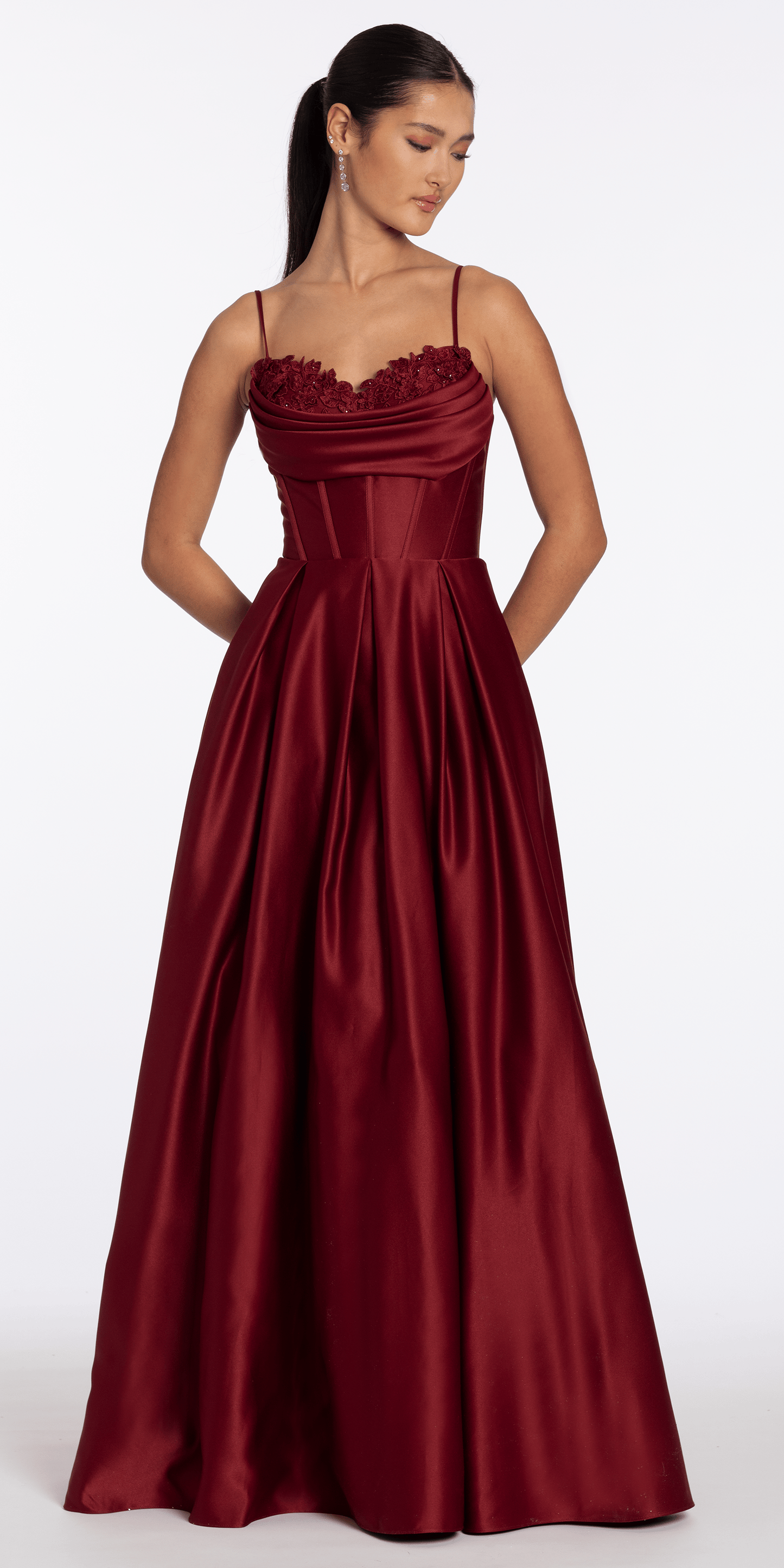 Satin Embroidered Sweetheart Corset Ballgown with Pockets - Camille La Vie