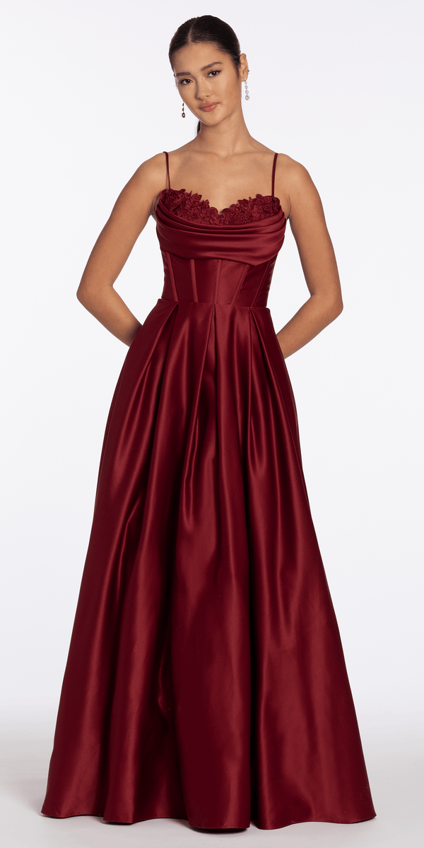 Satin Embroidered Sweetheart Corset Ballgown with Pockets - Camille La Vie