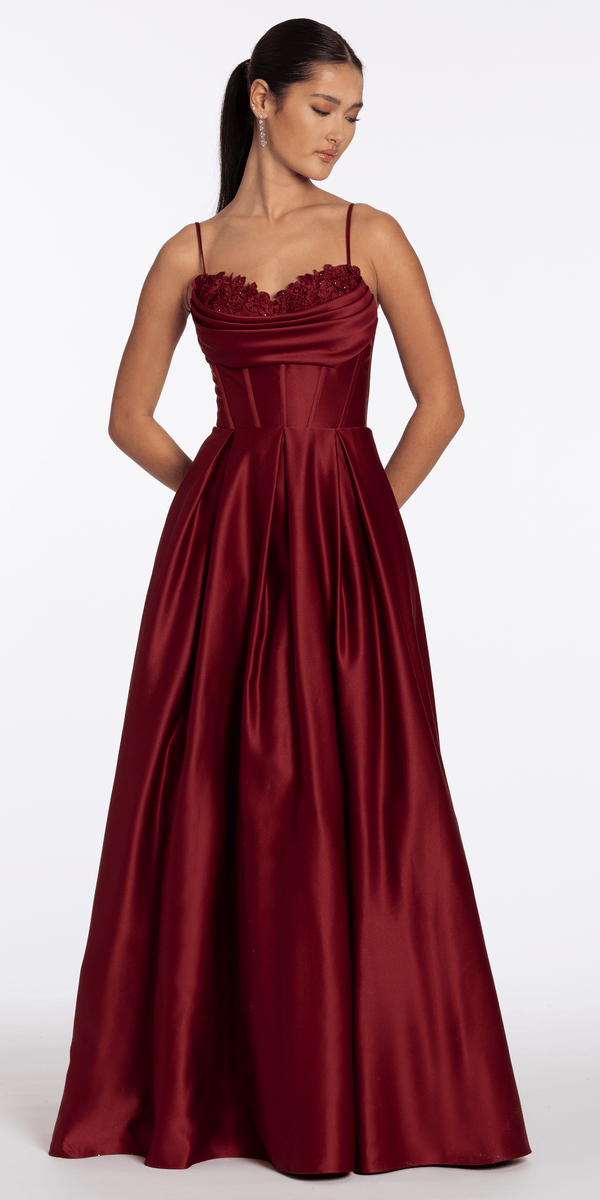 Satin Embroidered Sweetheart Corset Ballgown with Pockets - Camille La Vie
