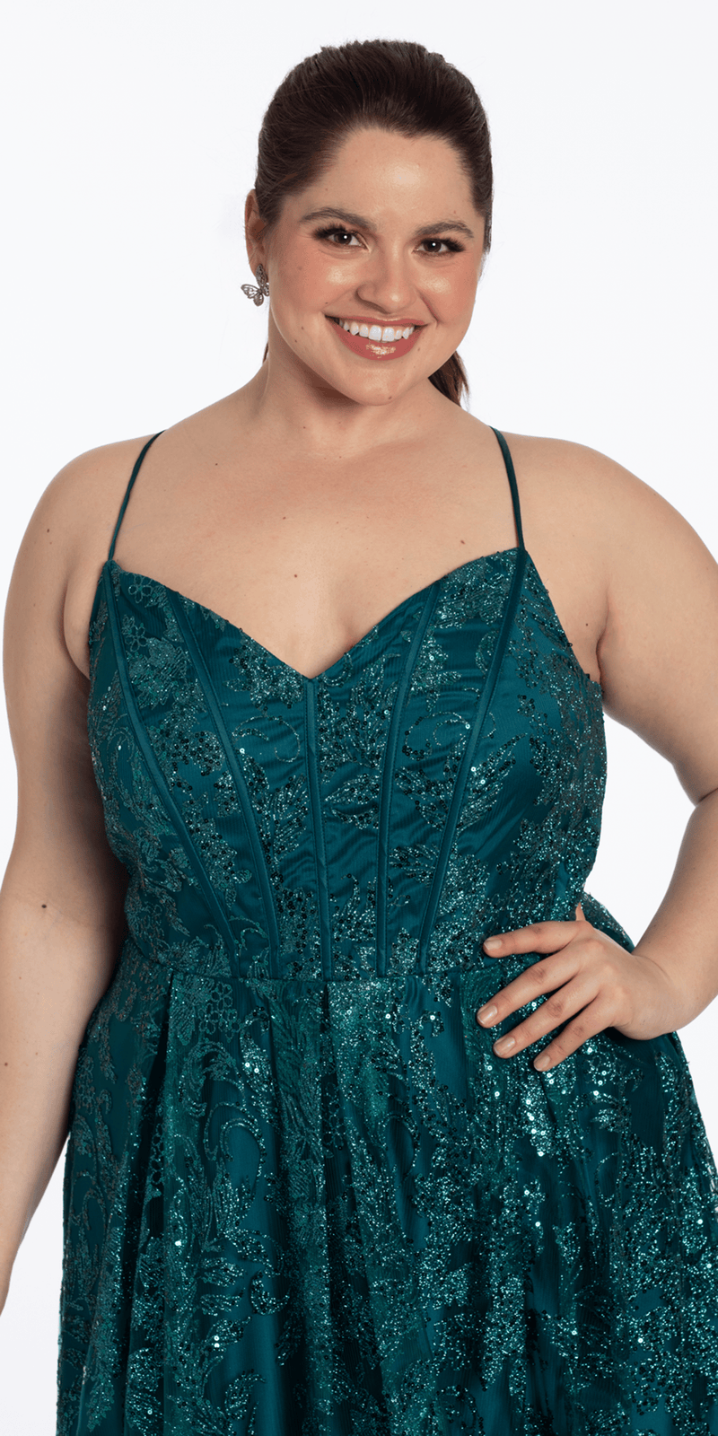 Strappy Back V Neck Glitter Mesh Ballgown with Pockets - Camille La Vie