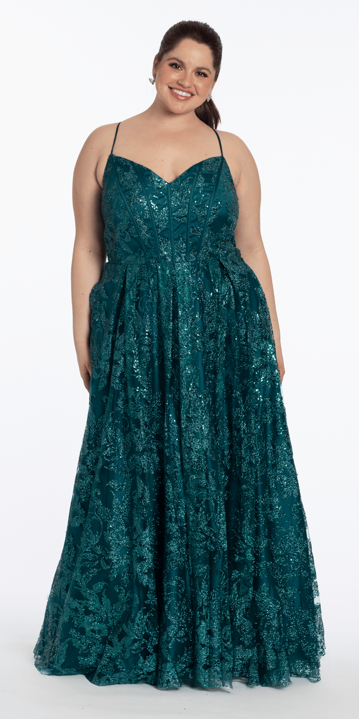 Strappy Back V Neck Glitter Mesh Ballgown with Pockets - Camille La Vie