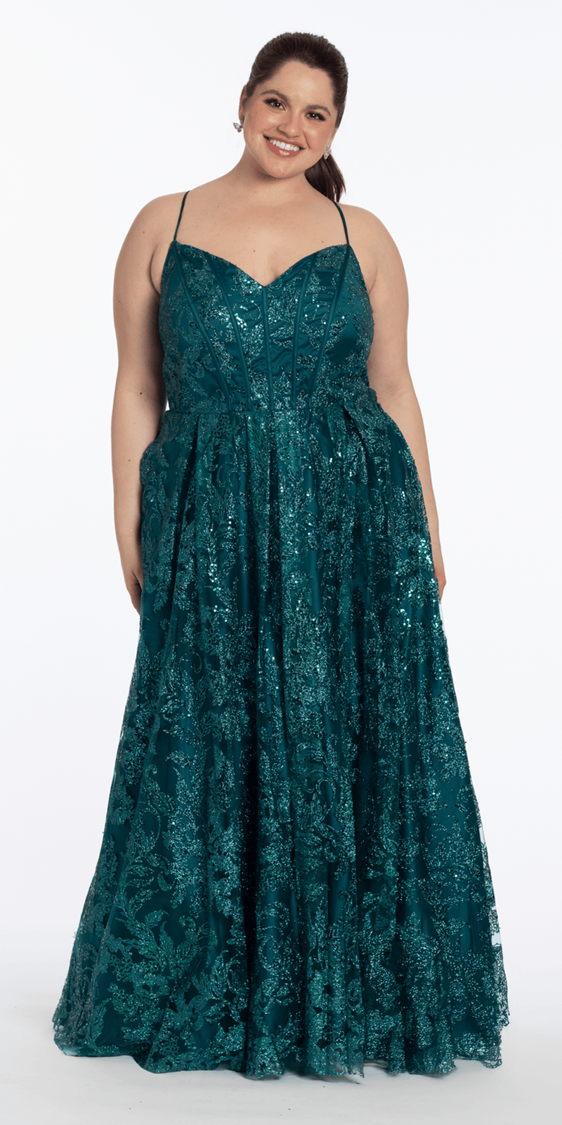 Strappy Back V Neck Glitter Mesh Ballgown with Pockets - Camille La Vie