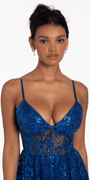 royal-blue/size/4/missy/Camille La Vie/Glitter Mesh Sweetheart Corset Lace Up Back Skater Dress/close up