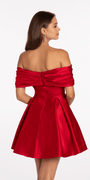 Satin Rhinestone Bow Off the Shoulder Skater Dress - Camille La Vie