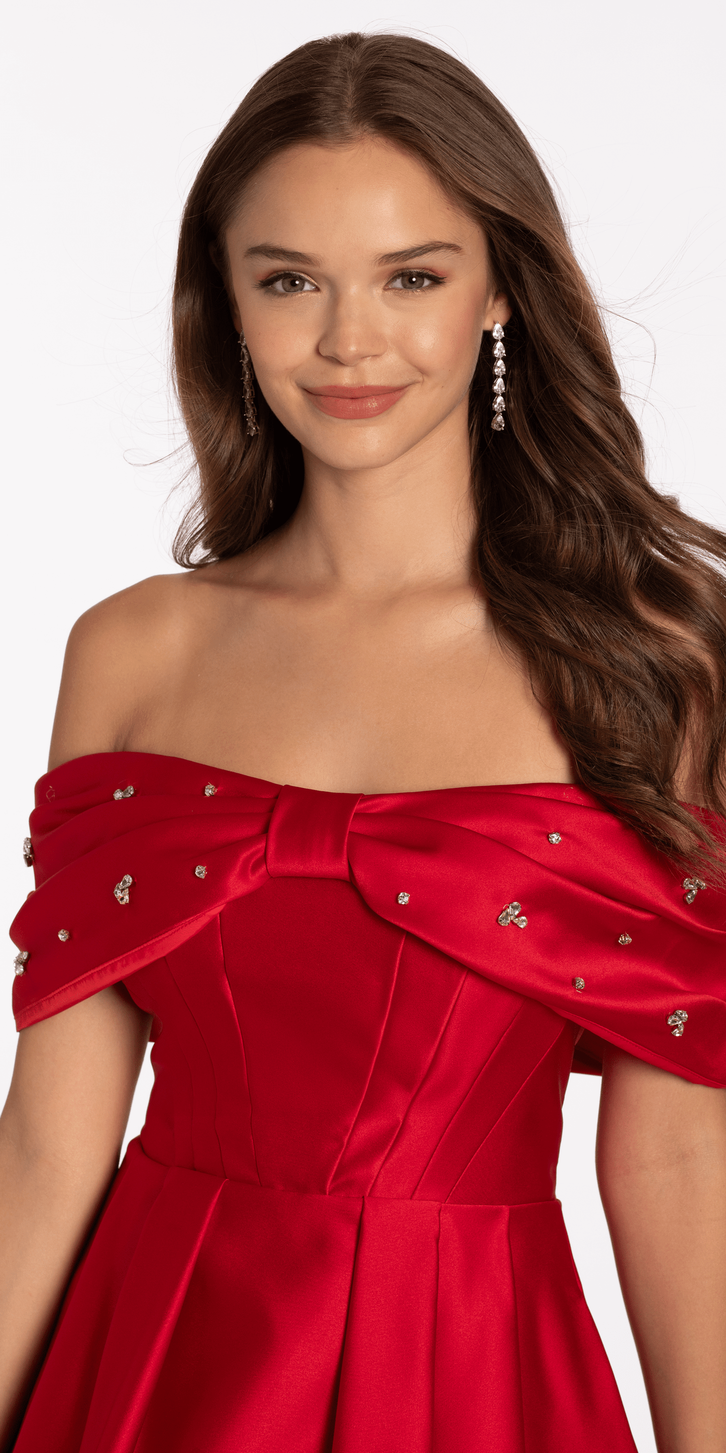 Satin Rhinestone Bow Off the Shoulder Skater Dress - Camille La Vie