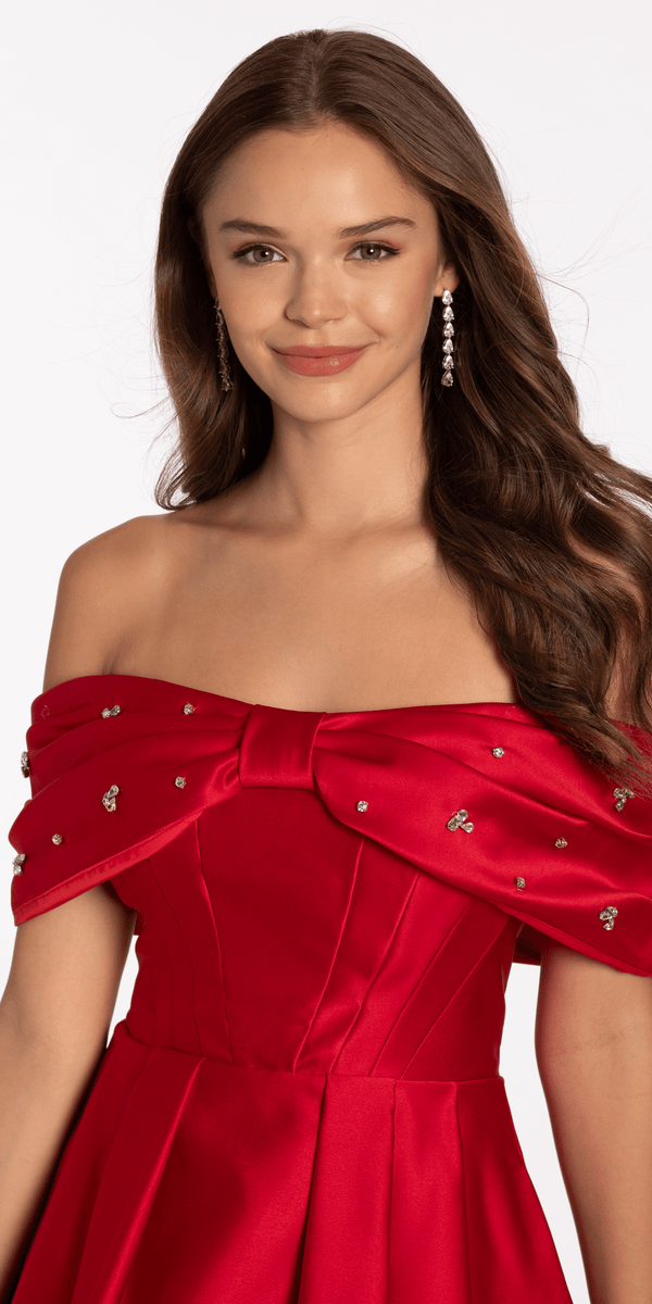 Satin Rhinestone Bow Off the Shoulder Skater Dress - Camille La Vie