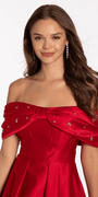 Satin Rhinestone Bow Off the Shoulder Skater Dress - Camille La Vie