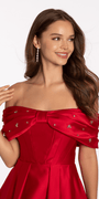 Satin Rhinestone Bow Off the Shoulder Skater Dress - Camille La Vie