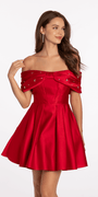 Satin Rhinestone Bow Off the Shoulder Skater Dress - Camille La Vie
