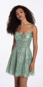 Camille La Vie Sequin Glitter Mesh Pinched Sweetheart Fit and Flare Dress