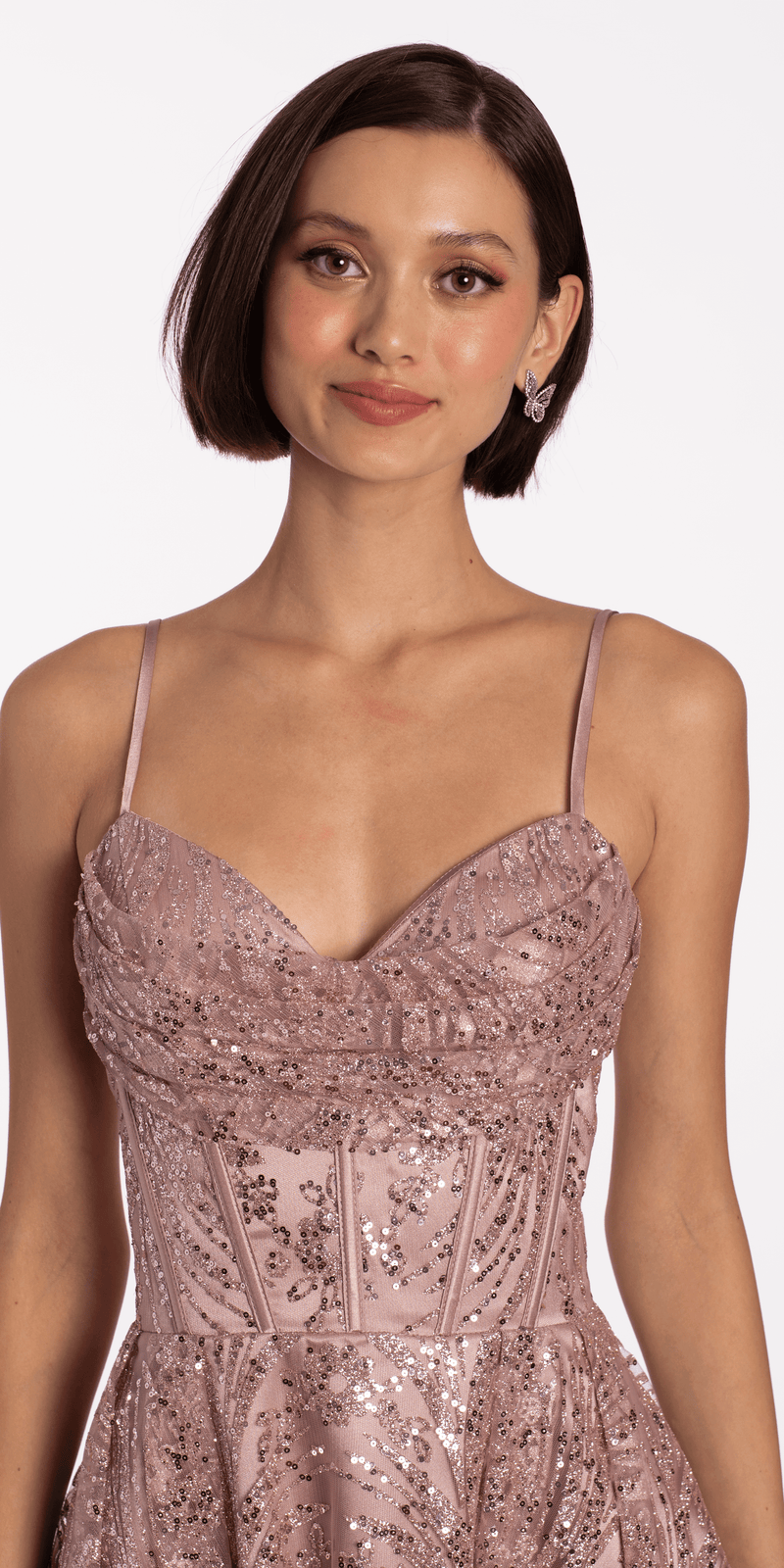 Sheer Drape Sweetheart Glitter Mesh Corset Pleated Skater Dress - Camille La Vie