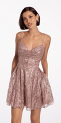 Sheer Drape Sweetheart Glitter Mesh Corset Pleated Skater Dress - Camille La Vie
